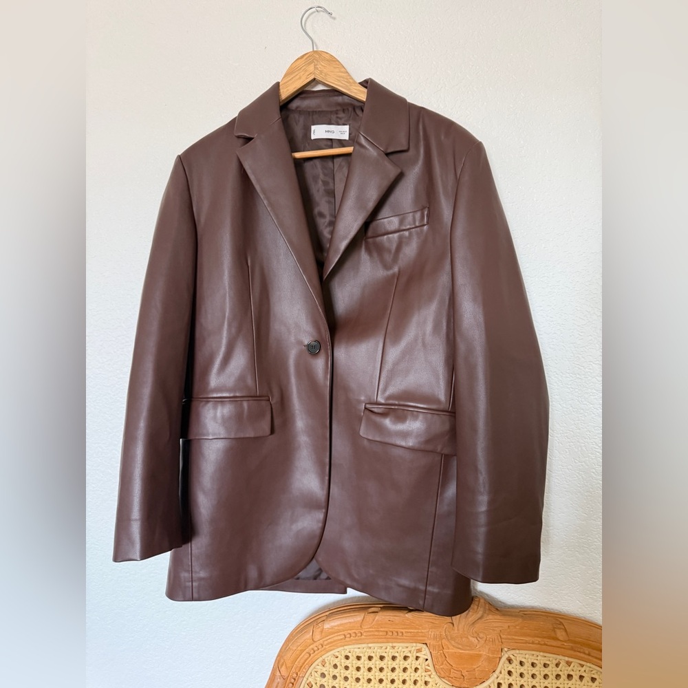 Mango MNG Oversized Brown Faux Leather Blazer Jacket - M
